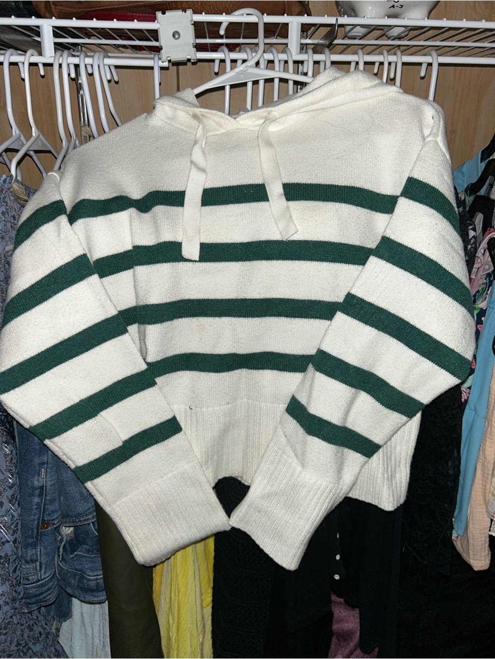 Cream & Dark Green Striped Hooded Sweater